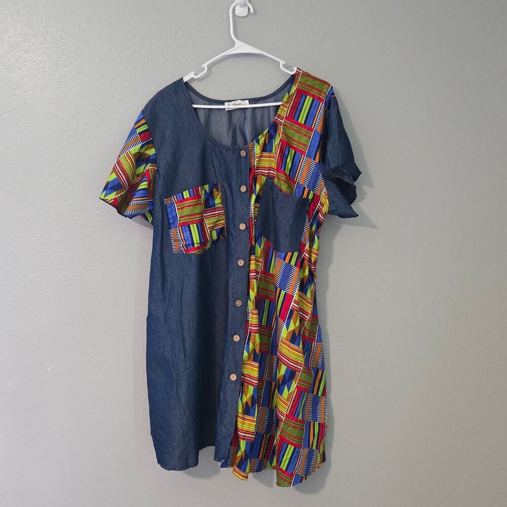Patchwork Denim Dress Women Size 2X Lapogee Pockets Tribal Rainbow Boho Indie
